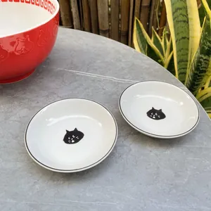 Japanese Cute Black Cat Ceramic Sauce Dish White Round Small Dipping Plate For Soy Vinegar Sushi Home Kitchen Tableware