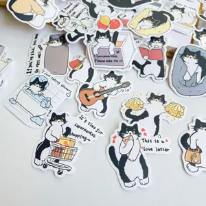 Detail shot of cute cartoon cow cat stickers showing various daily life scenes and activities