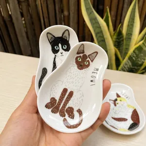 3-piece set of cute cat-shaped ceramic condiment dishes featuring Siamese and Calico patterns