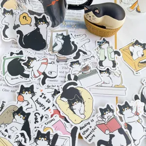 Cow cat cartoon stickers set for DIY scrapbooking with various cute feline daily life poses