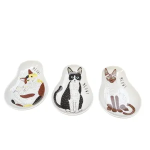 3-piece ceramic cat sauce dish set with cute hand-painted kitty illustrations and Meow text