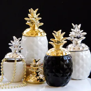 Ensemble de bocaux décoratifs en céramique ananas avec couvercles métalliques pour table