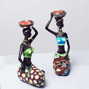 African Women Figurines Candlestick Holders Resin Hand Painted Exotic Ethnic Lady Statues For Home Living Room Table Decor Ornaments