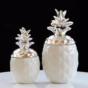 Lot de 2 bocaux décoratifs ananas en céramique blanche avec couvercles argentés