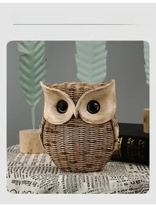 Macro detail of resin owl figurine showing intricate woven texture and vintage style