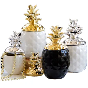 Boîtes de rangement ananas en céramique avec couvercles dorés et argentés, noir et blanc