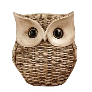Resin owl figurine with woven texture and large black eyes for home desk decor