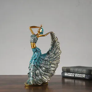 Retro resin dancing peacock girl figurine with gold and blue finish for home decor