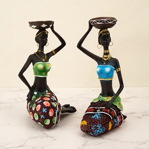 Vintage Afrikaanse Vrouwenfiguur Hars Kandelaar Handgeschilderd Etnische Vrouw Standbeeld Huis Bureau Decoratieve Kaarshouder Beeldjes