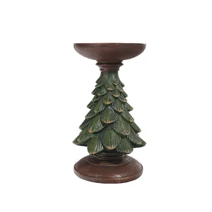 Bougeoir sapin de Noël en résine avec feuilles vertes et socle en bois rustique