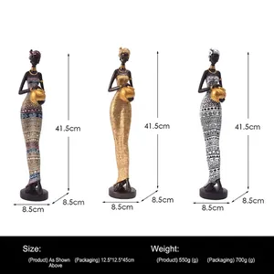 Three-piece African resin female figurines set for creative home decor in various patterns
