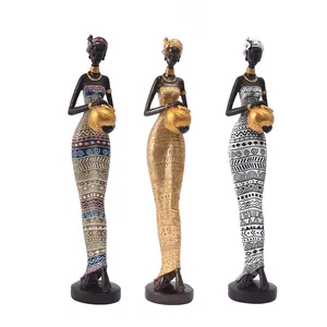 Set of 3 African tribal lady statues in resin with golden pots for home decor