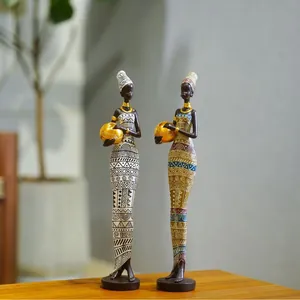 Figurines de femmes africaines en résine avec plateaux dorés pour décor intérieur