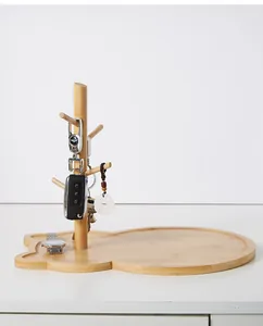 Bamboo key organizer with cat-shaped tray and multi-hook branches for entryway storage