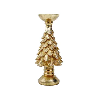 Golden Christmas tree candle holder with tiered metal leaves and wide round base