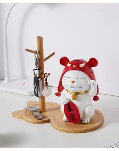 Creative wooden key rack with resin cat figurine and base for home decor