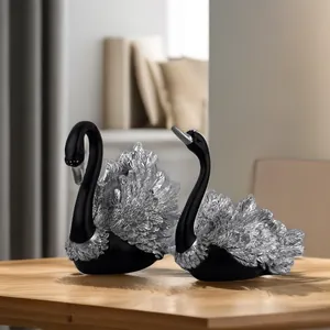 Noordse zwanenbeelden set van hars in zwart en zilver voor moderne woonkamer decor