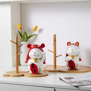 Modern Nordic Bamboo Key Storage Tray With Resin Lucky Cat Figurine Desktop Organizer For Entrance Jewelry Watch Decor