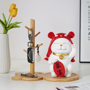 Wooden key holder tree with lucky cat figurine for home entryway and desk organization