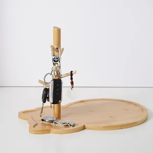 Bamboo tree-shaped key organizer stand with cat-shaped base for entryway desk storage