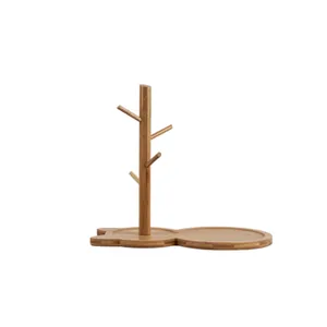 Bamboo key holder stand with 4 hooks and bear shaped tray base for home entryway decor