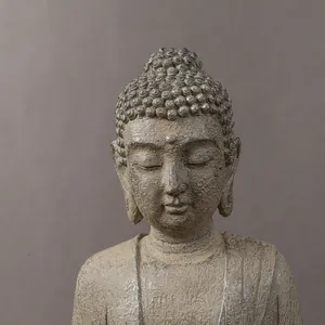 Detailed close-up of Zen Buddha statue with realistic stone texture and rustic finish