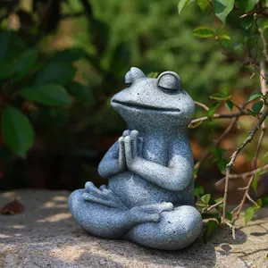 Meditating yoga frog statue in gray resin with stone texture for garden and home decor