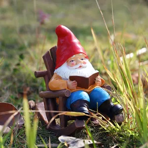 Detail of garden gnome reading on a rocking chair with realistic wood grain texture