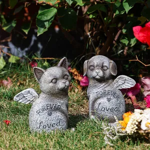 Pierre Commémorative pour Animaux Résine Ange Chat Chien Tombe Forever Loved Cœur Ailes Jardin Décoration Extérieure Statue Vieillie