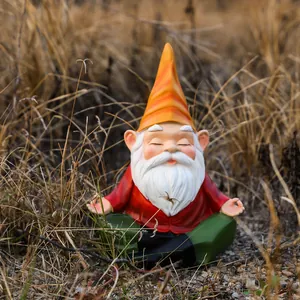 Macro detail of a resin garden gnome in a zen meditation pose with vibrant colors