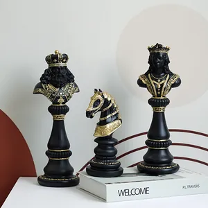 3-piece resin chess set ornaments in matte black and gold featuring king queen and knight