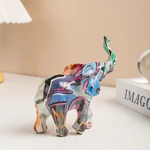 Modern resin graffiti elephant statue with colorful street art patterns for home decor