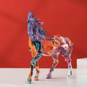 Detailed view of horse statue with vibrant multi-color graffiti and pop art patterns