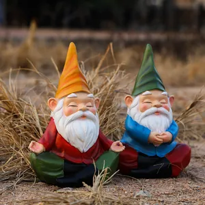 Meditation garden gnomes set with colorful hats for outdoor zen lawn decoration