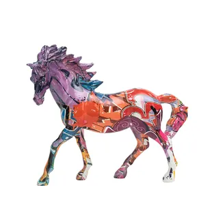 Graffiti horse statue with colorful pop art resin design for modern desk decor