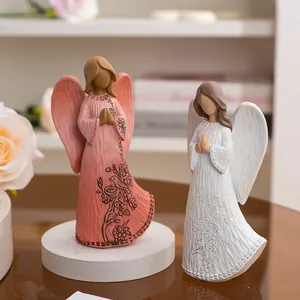 European Style Synthetic Resin Angel Figurine Wood Look Faceless Praying Statue With Floral Wings For Home Decor Gift