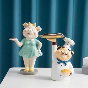 Figurines de cochon et chef en résine avec plateau doré pour rangement de bureau