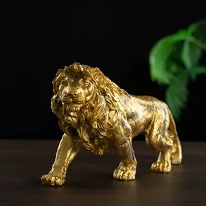 Golden lion resin statue ornament for modern home living room and office desktop decor