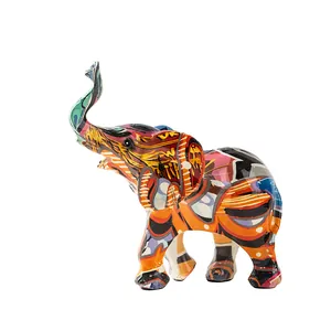 Colorful graffiti elephant resin statue with raised trunk for modern home decor
