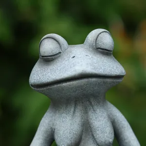Primo piano della statua di rana meditante che mostra la consistenza della pietra grigia