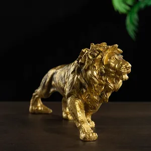 Detailed close-up of golden lion sculpture featuring intricate mane texture and metallic finish