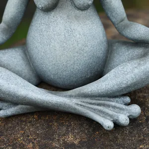 Dettaglio della trama in pietra di una statua di rana in meditazione con finitura marmo