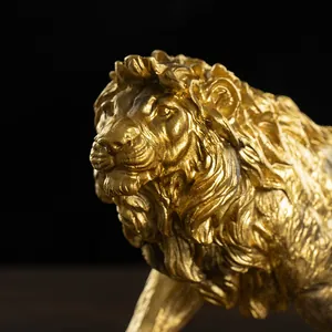 Close-up of golden lion statue showing intricate fur details and luxury metallic finish