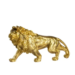 Majestic golden lion statue resin figurine home office desktop decor in walking pose