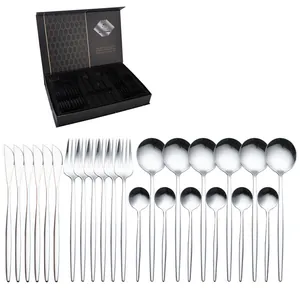 Ménagère 24 pièces en acier inoxydable poli argenté dans un coffret cadeau noir élégant