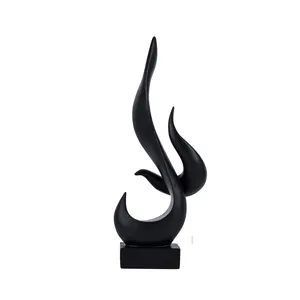 Modern abstract black flame resin ornament with wave curves on a rectangular base