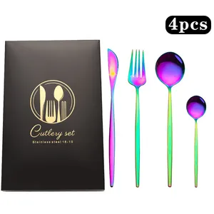 Détail du service de couverts arc-en-ciel 4 pièces en acier inoxydable avec boîte cadeau
