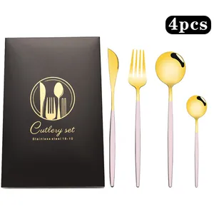 Détails de couverts en acier inoxydable rose et or avec boîte cadeau noire premium