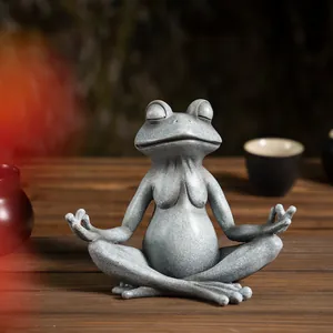 Meditating frog yoga statue with gray stone texture for garden and home decor