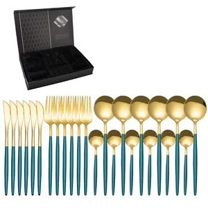 Ménagère 24 pièces en acier inoxydable or et vert avec coffret cadeau noir haut de gamme